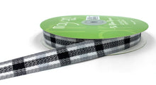 Load image into Gallery viewer, Ribbon: Purple Pinky Promises-~5/8 Inch Woven Tartan Plaid Twill Ribbon-White/Black/Gray