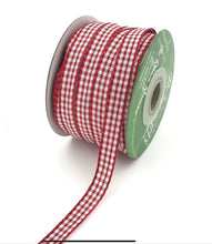 Load image into Gallery viewer, Ribbon: Purple Pinky Promises-3/8 Inch Checkered Ribbon with Woven Edge-Red