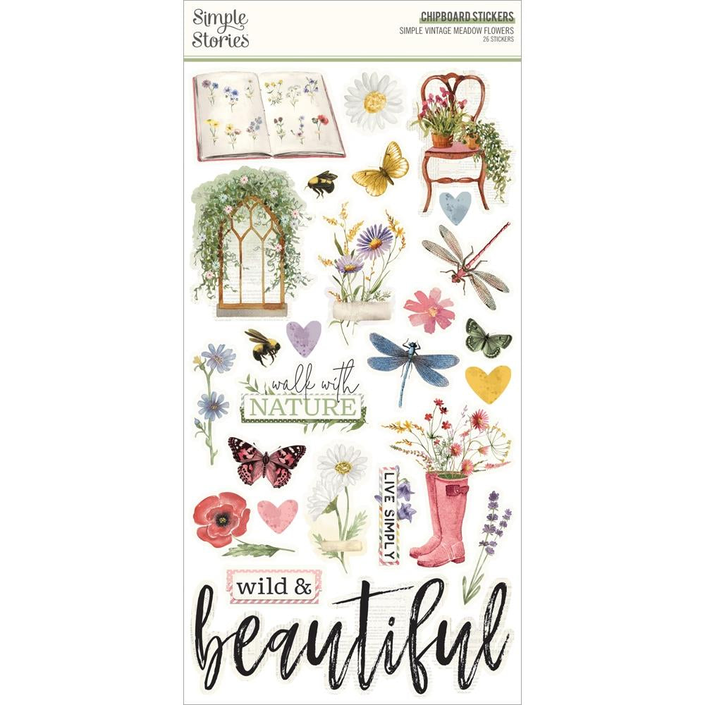 Embellishments: Simple Vintage Meadow Flowers Chipboard Stickers