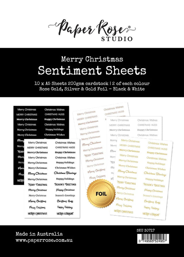 Embellishments: Paper Rose Studio-MERRY CHRISTMAS A5 10PC SENTIMENT SHEETS - FOIL
