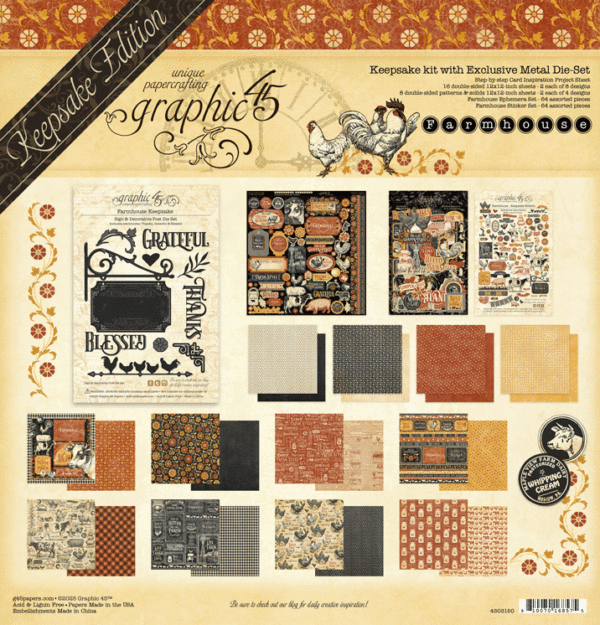 Scrapbooking Kit: Graphic 45-Farmhouse Keepsake Kit with Exclusive Metal Die-Set