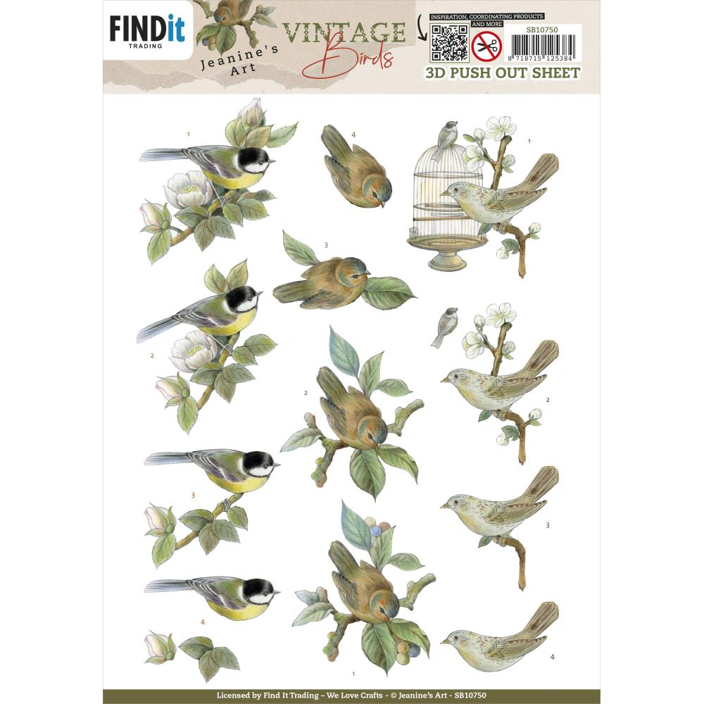 Embellishments: Find It Trading-Jeanine's Art 3D Push Out Sheet-Birdcage, Vintage Birds