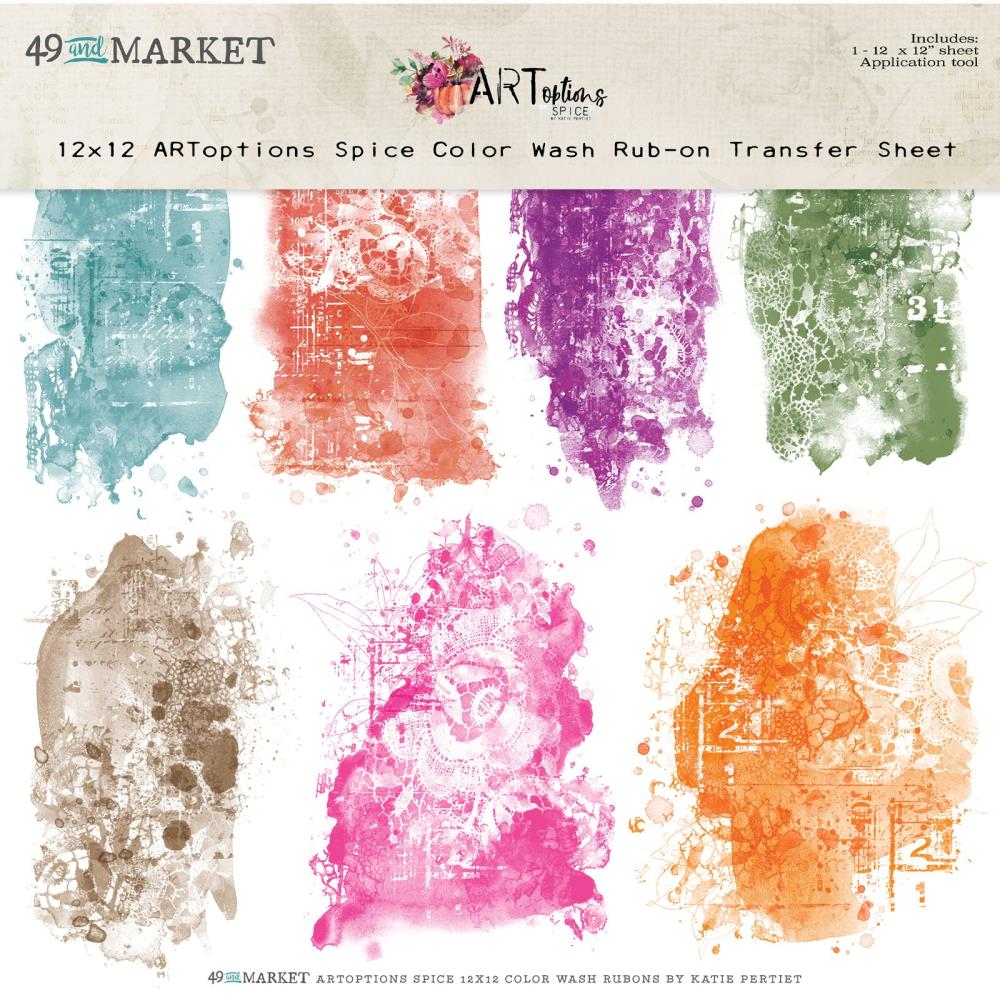 Embellishments: 49 and Market-ARToptions Spice Color Wash Rub-Ons Transfer Sheet 12