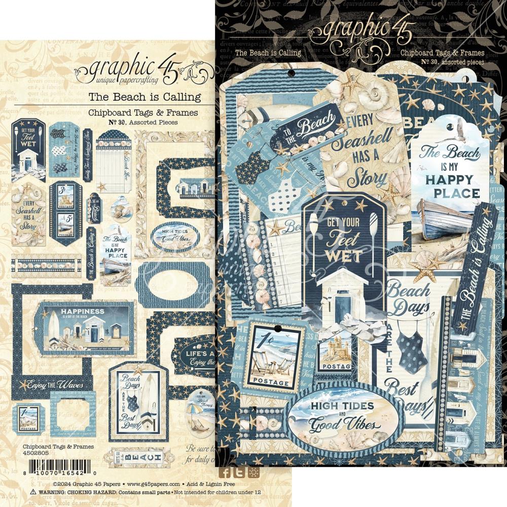 Embellishments: Graphic 45 Chipboard Tags and Frames Assortment-The Beach is Calling
