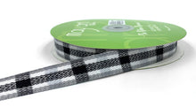 Load image into Gallery viewer, Ribbon: Purple Pinky Promises-~5/8 Inch Woven Tartan Plaid Twill Ribbon-White/Black/Gray
