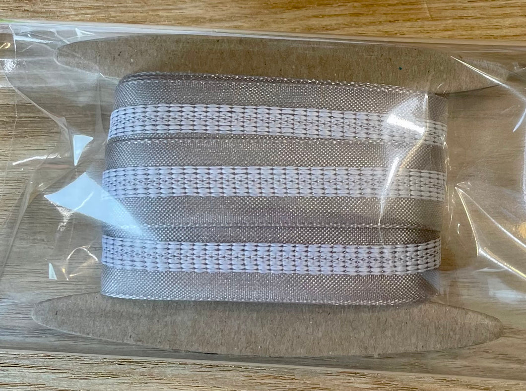 Ribbon: Purple Pinky Promises-5/8 Inch Fancy Stitched Center Ribbon with Woven Edge-Gray/White