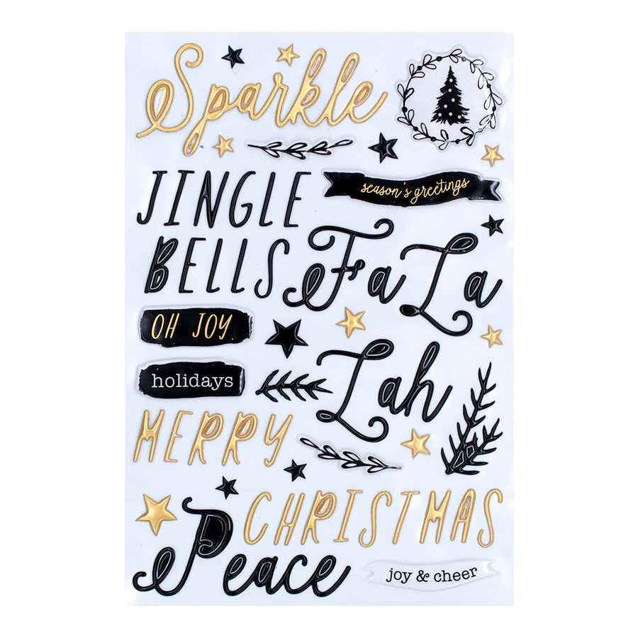 Embellishments: Spellbinders-Christmas Puffy Sentiment Stickers from the Tinsel Time Collection