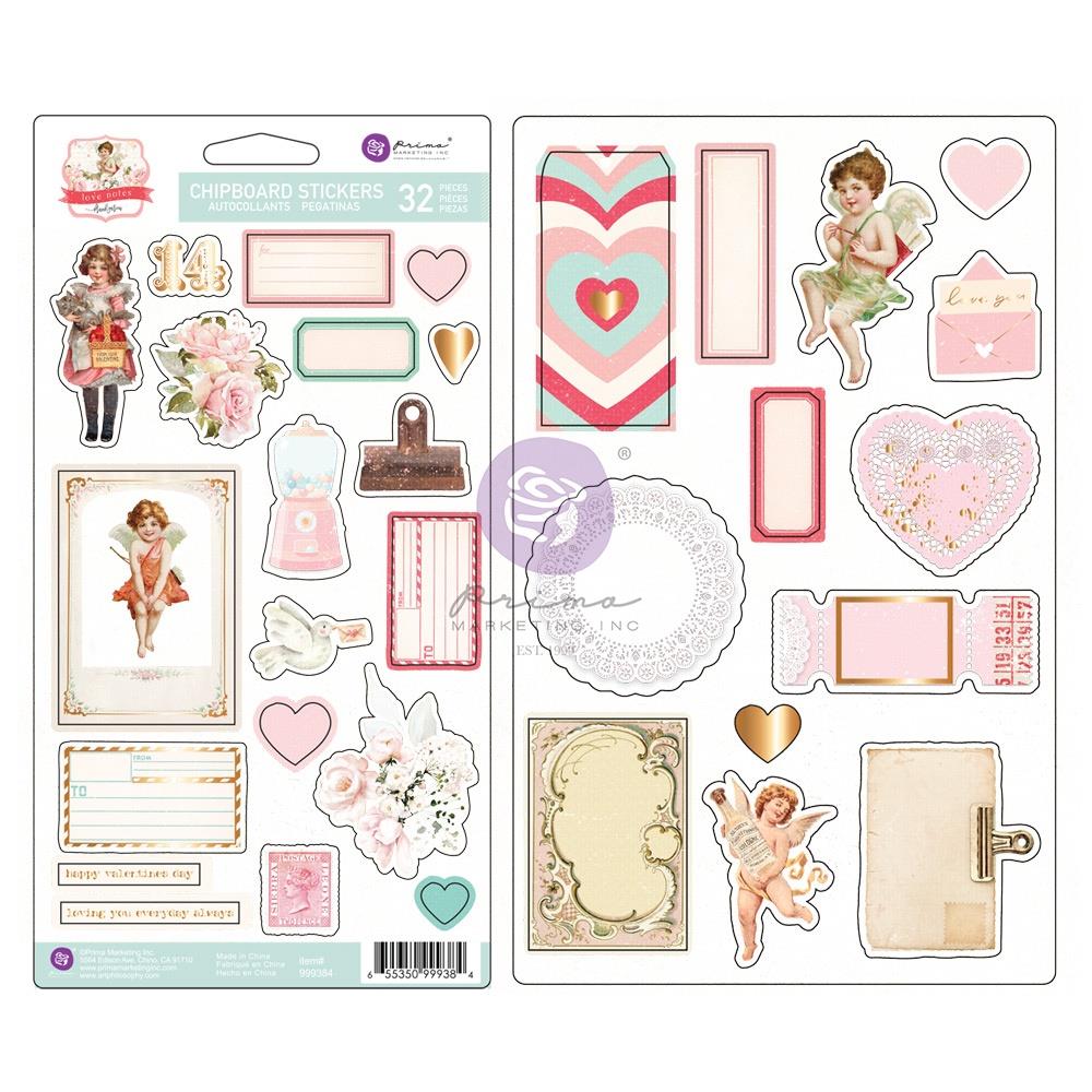 Embellishments: Prima Marketing-Love Notes Chipboard Stickers with foil details 32/Pkg by Frank Garcia